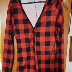 Red and Black Plaid Button-Up Body Suit